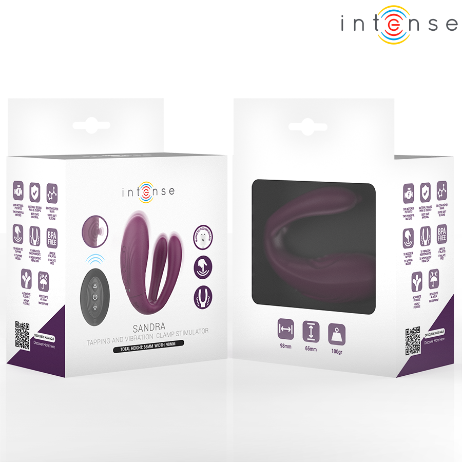 Close-up do Intense Sandra Vibrador e Estimulador Dual com Controle Remoto, destacando seu design ergonómico e textura de silicone macio.