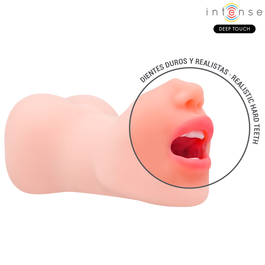 Close-up do masturbador masculino Intense Deep Touch Riley com textura realista de boca e vagina.