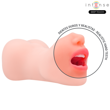 Close-up do masturbador masculino Intense Deep Touch Riley com textura realista de boca e vagina.