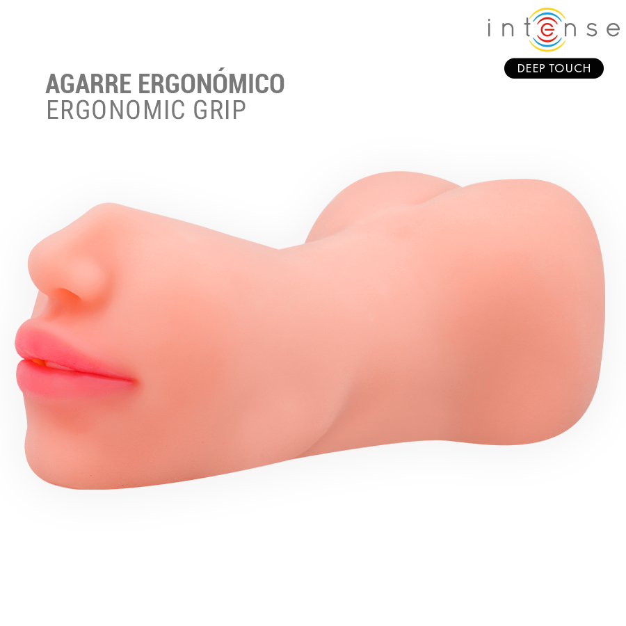 Close-up do masturbador masculino Intense Deep Touch Riley com textura realista de boca e vagina.