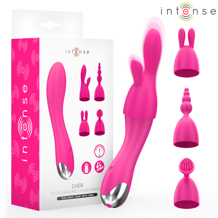 Vibrador Intense Cher com 4 cabeças intercambiáveis e 20 modos de vibração para prazer personalizado.