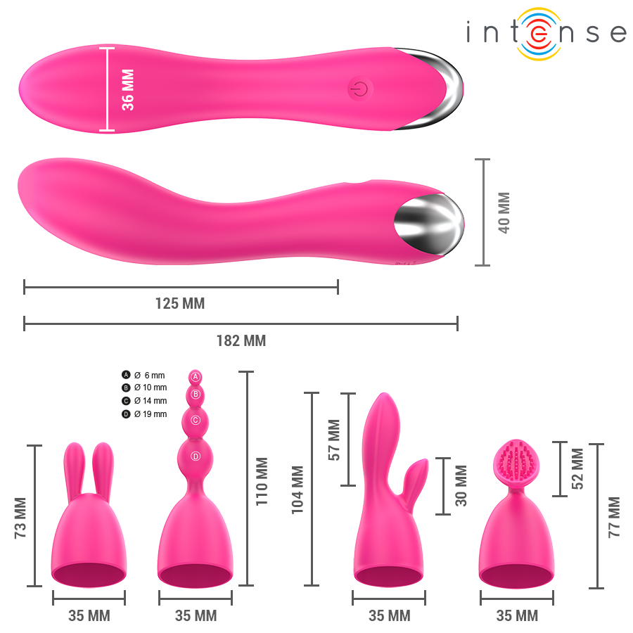 Vibrador Intense Cher com 4 cabeças intercambiáveis e 20 modos de vibração para prazer personalizado.