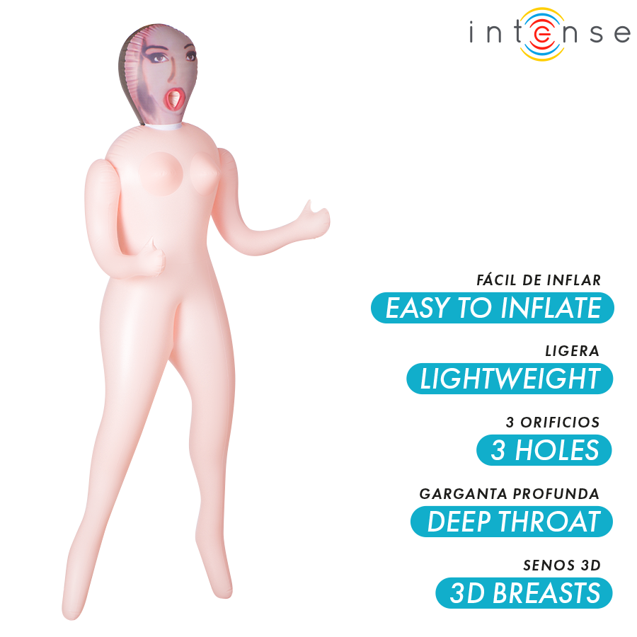 Imagem da Boneca Insuflável Monique da Intense Dolls com três orifícios e seios 3D, mostrando o seu design realista e características principais.