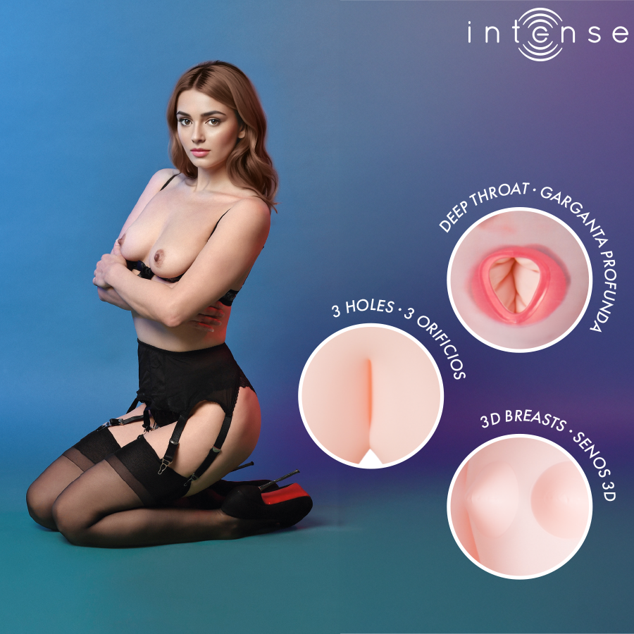Imagem da Boneca Insuflável Monique da Intense Dolls com três orifícios e seios 3D, mostrando o seu design realista e características principais.