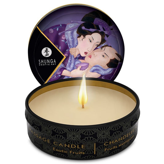 Close-up of the SHUNGA Mini Caress Vela de Massagem Frutas Exóticas 30 ML, highlighting its elegant design and sensual aroma.