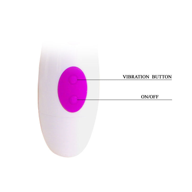 Close-up of the PRETTY LOVE Vibrador Arthur Lilás/Branco, showing its ergonomic design and silicone texture.