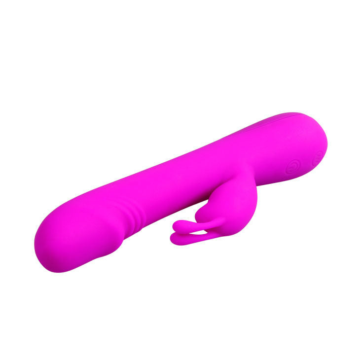 Close-up do vibrador Pretty Love Clement, em silicone macio, com design de coelho e estimulador clitoriano.