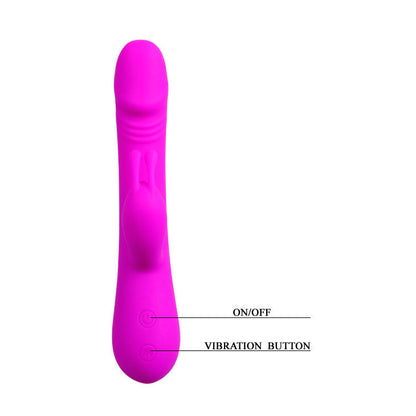 Close-up do vibrador Pretty Love Clement, em silicone macio, com design de coelho e estimulador clitoriano.