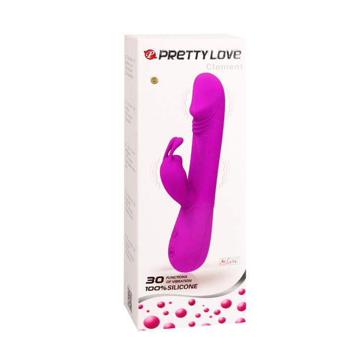 Close-up do vibrador Pretty Love Clement, em silicone macio, com design de coelho e estimulador clitoriano.