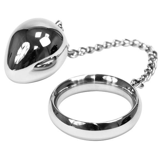 Anel peniano METAL HARD 50MM de aço inoxidável com corrente e bola anal, detalhando seu design e material.