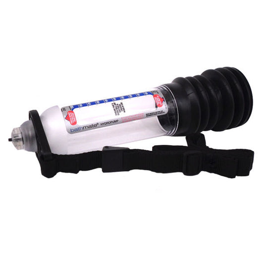 Arnês de suporte BATHMATE para uso em chuveiro com bombas de vácuo, mostrando o design ajustável e material resistente à água.