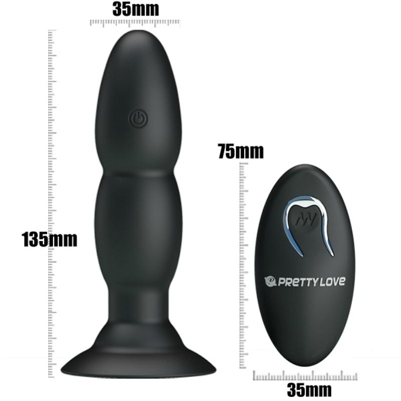 PRETTY LOVE Vibrador Love Plug Anal com Rotação e Controle Remoto, mostrando seu design e funcionalidades.