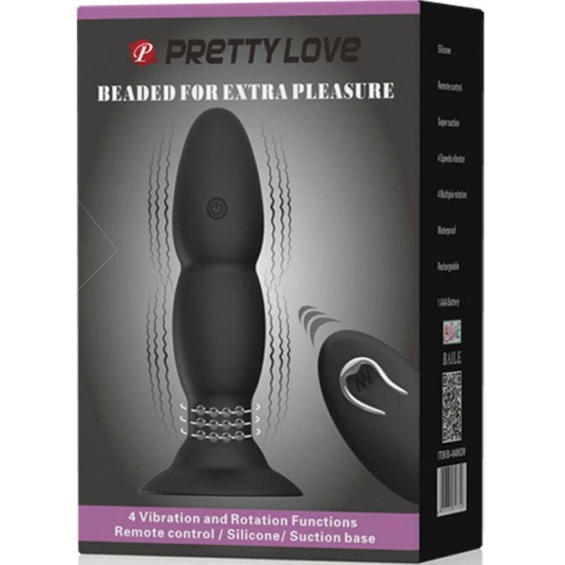 PRETTY LOVE Vibrador Love Plug Anal com Rotação e Controle Remoto, mostrando seu design e funcionalidades.