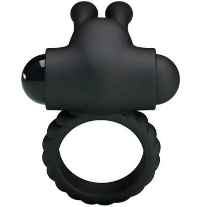 Anel vibrador PRETTY LOVE Eudora em silicone preto com estimulador clitoriano e design ergonómico.