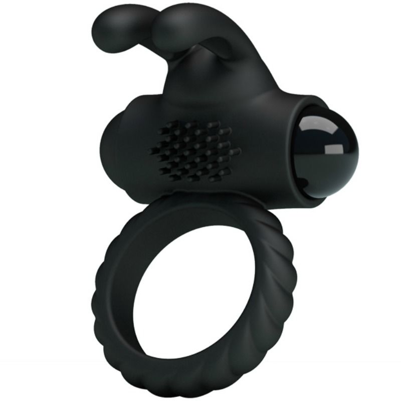 Anel vibrador PRETTY LOVE Eudora em silicone preto com estimulador clitoriano e design ergonómico.