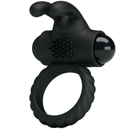 Anel vibrador PRETTY LOVE Eudora em silicone preto com estimulador clitoriano e design ergonómico.