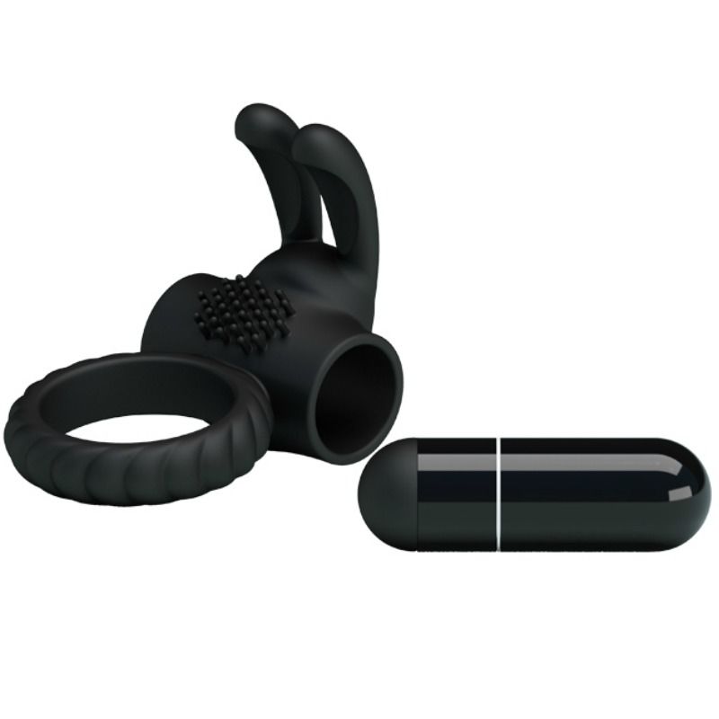 Anel vibrador PRETTY LOVE Eudora em silicone preto com estimulador clitoriano e design ergonómico.