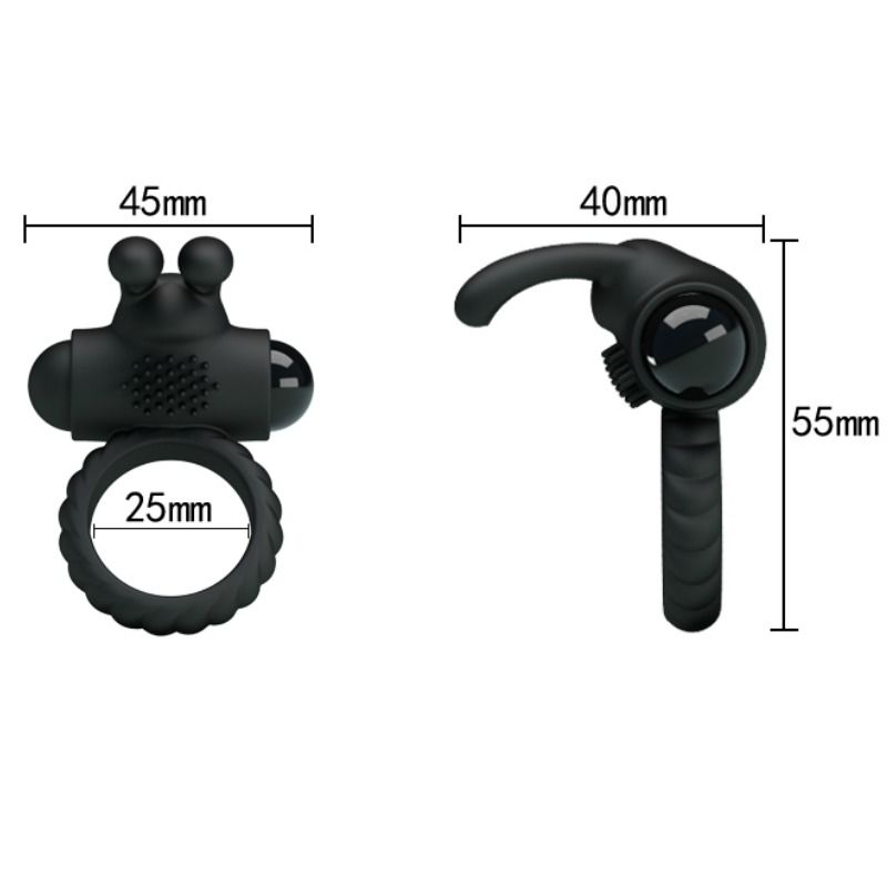 Anel vibrador PRETTY LOVE Eudora em silicone preto com estimulador clitoriano e design ergonómico.