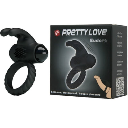 Anel vibrador PRETTY LOVE Eudora em silicone preto com estimulador clitoriano e design ergonómico.