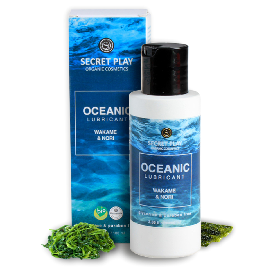 Frasco de Lubrificante Orgânico Secret Play Oceanic 100ml, com detalhes das algas marinhas e textura suave.