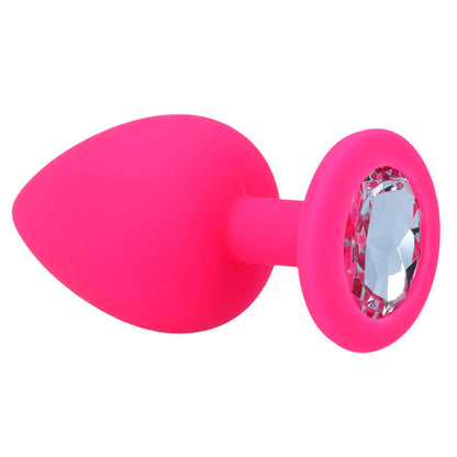 Detalhe do Plug Anal INTENSE Shelki L Silicone Macio Fúcsia, mostrando sua forma ergonómica e base de diamante.
