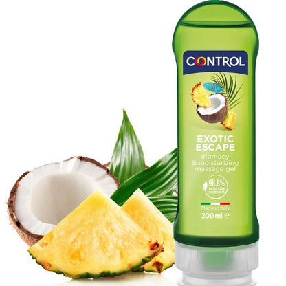 Embalagem do CONTROL Gel de Massagem & Prazer 2 em 1 Exótico 200 ML, mostrando o design e a marca.