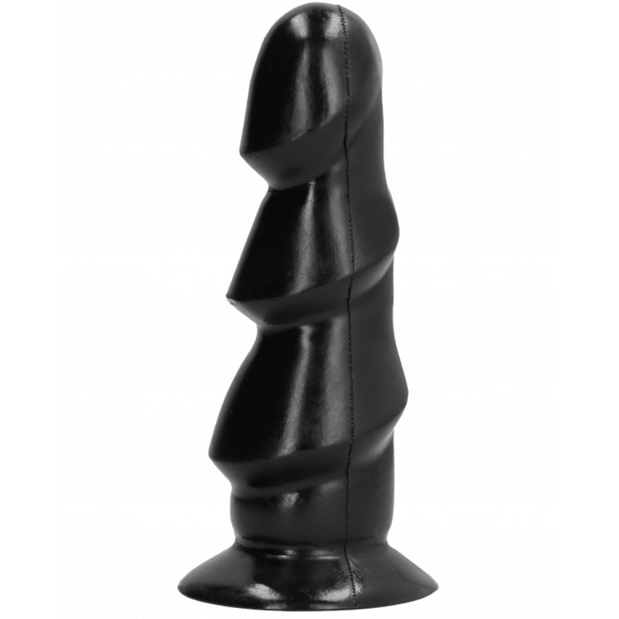 Close-up of the ALL BLACK Dildo 17cm with its unique textured design.
