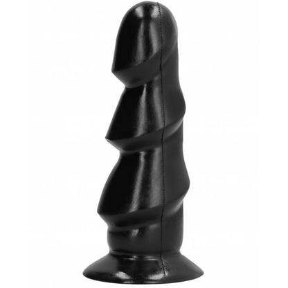 Close-up of the ALL BLACK Dildo 17cm with its unique textured design.