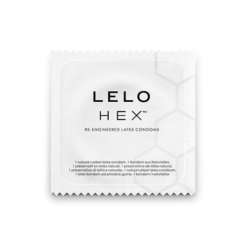 Caixa de Preservativos LELO HEX 36 Unidades, destacando a estrutura hexagonal e o design inovador.