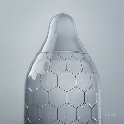 Caixa de Preservativos LELO HEX 36 Unidades, destacando a estrutura hexagonal e o design inovador.