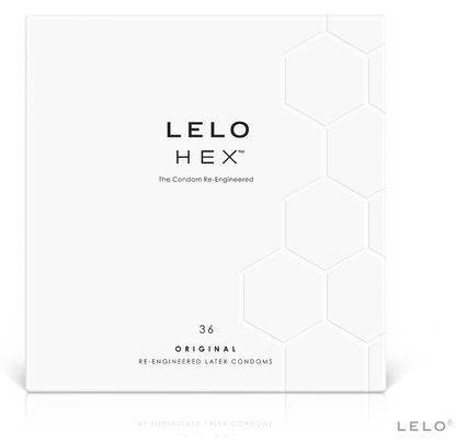 Caixa de Preservativos LELO HEX 36 Unidades, destacando a estrutura hexagonal e o design inovador.