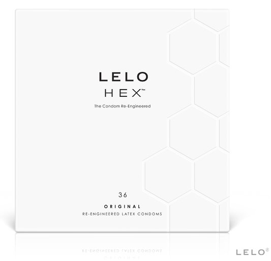 Caixa de Preservativos LELO HEX 36 Unidades, destacando a estrutura hexagonal e o design inovador.