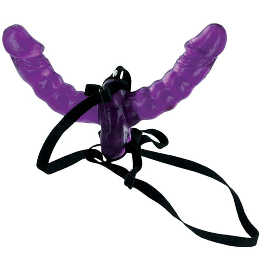 Close-up of the FETISH FANTASY SERIES Arnês Strap-On Dupla Penetração Vibratória, showing its adjustable harness and double-sided vibrator.