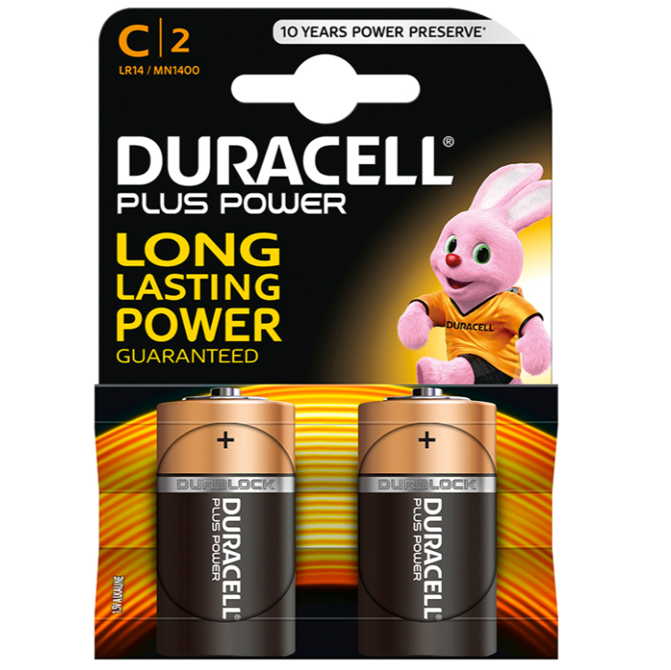 Embalagem das baterias DURACELL PLUS POWER C LR14 com 2 unidades, prontas para uso.