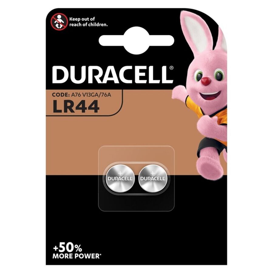 Pack de 2 baterias alcalinas DURACELL LR44 1.5V para dispositivos eletrónicos.