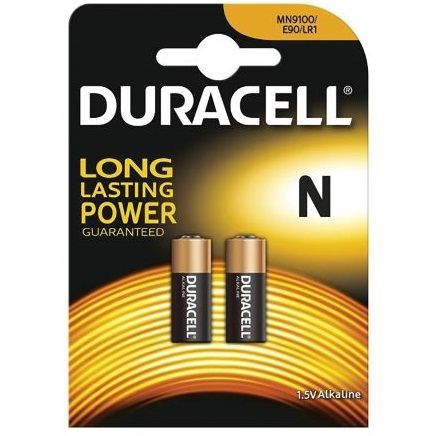 Pack de 2 baterias alcalinas Duracell MN9100 N LR1 1,5V, mostrando o blister e detalhes da pilha.