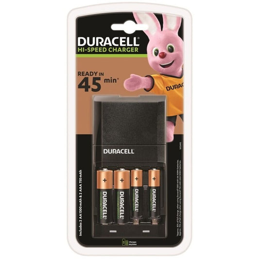 Carregador Duracell rápido com pilhas AA e AAA, mostrando luzes LED indicadoras de carga.