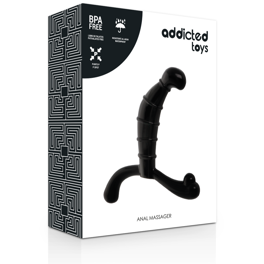 Close-up do massageador anal de próstata ADDICTED TOYS preto, mostrando seu design ergonómico e material TPR.