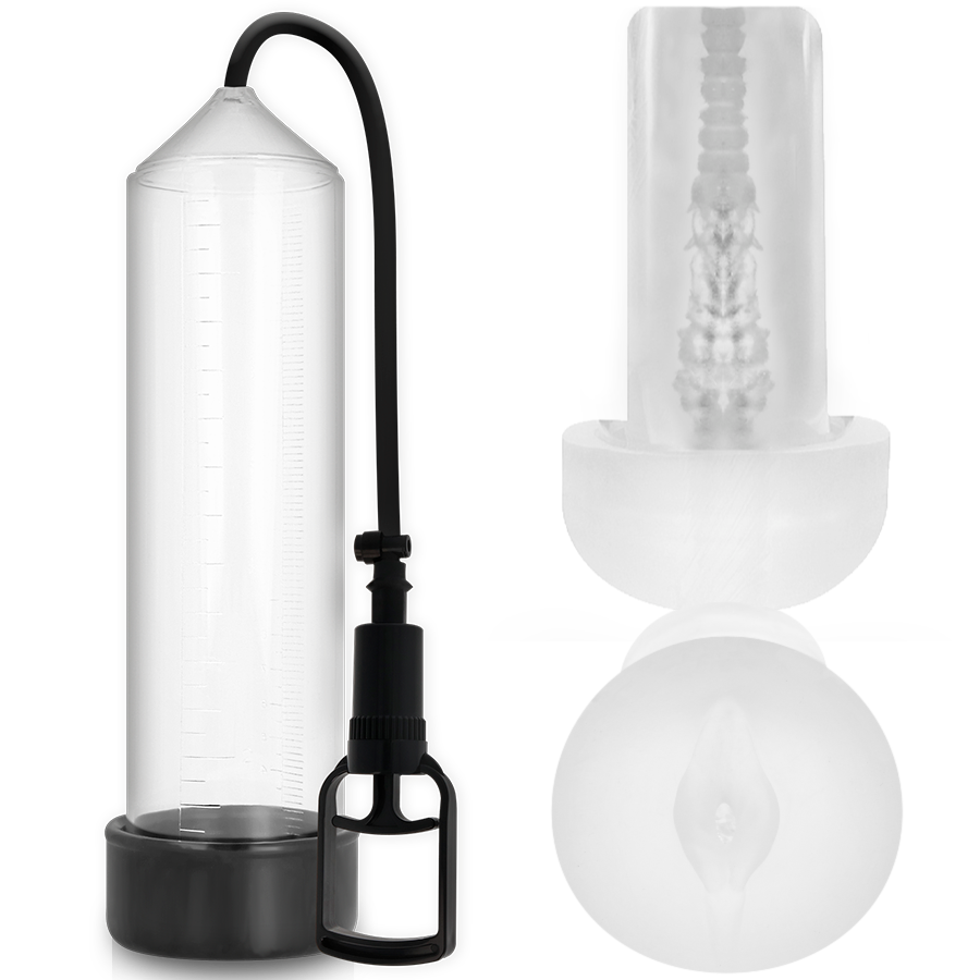Bomba Peniana Pump Addicted RX7 Transparente com Masturbador para aumento e prazer.
