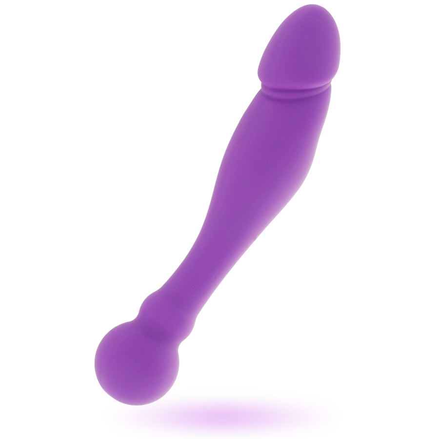 Intense Dildo Duplo Silicone Roxo para Dupla Estimulação, mostrando as extremidades e material sedoso.