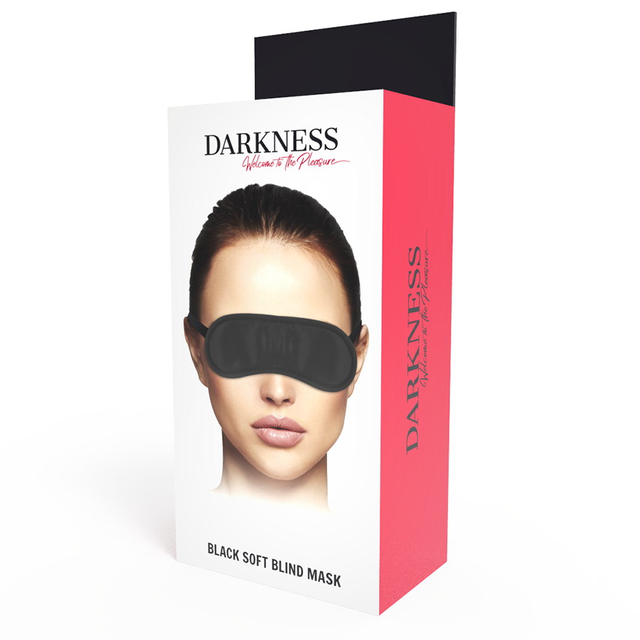 Máscara de cetim preta ajustável Darkness para jogos de BDSM e privação sensorial.