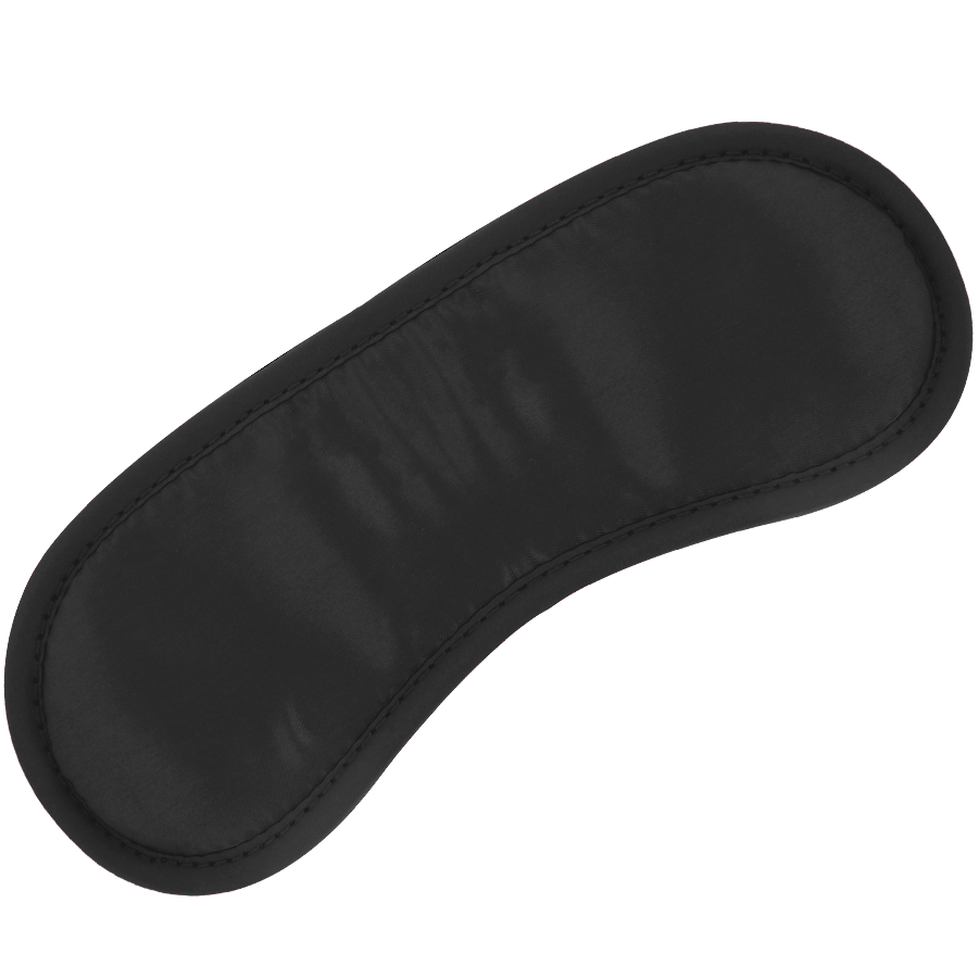 Máscara de cetim preta ajustável Darkness para jogos de BDSM e privação sensorial.