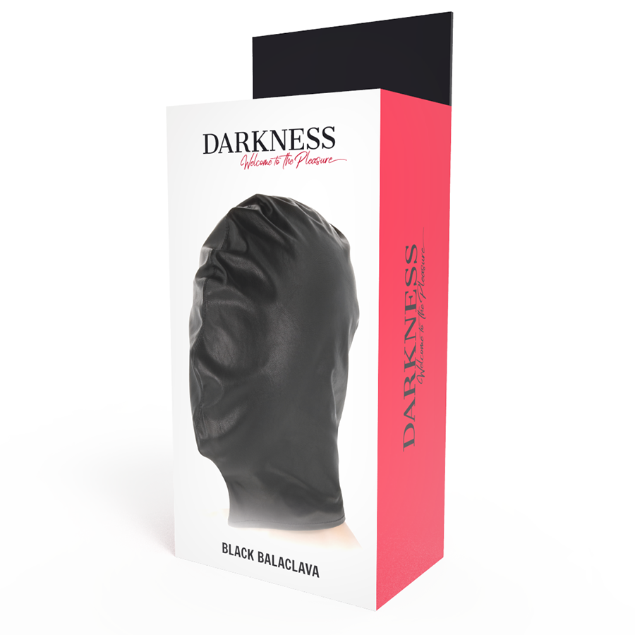 Máscara de subjugação Darkness preta em cetim, detalhe do tecido e acesso à boca.
