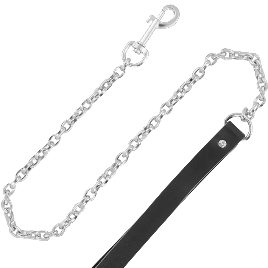 Colar de couro BDSM Darkness com trela, detalhe da fivela e acolchoamento.