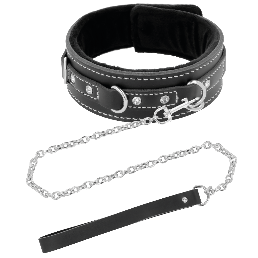 Colar de couro BDSM Darkness com trela, detalhe da fivela e acolchoamento.