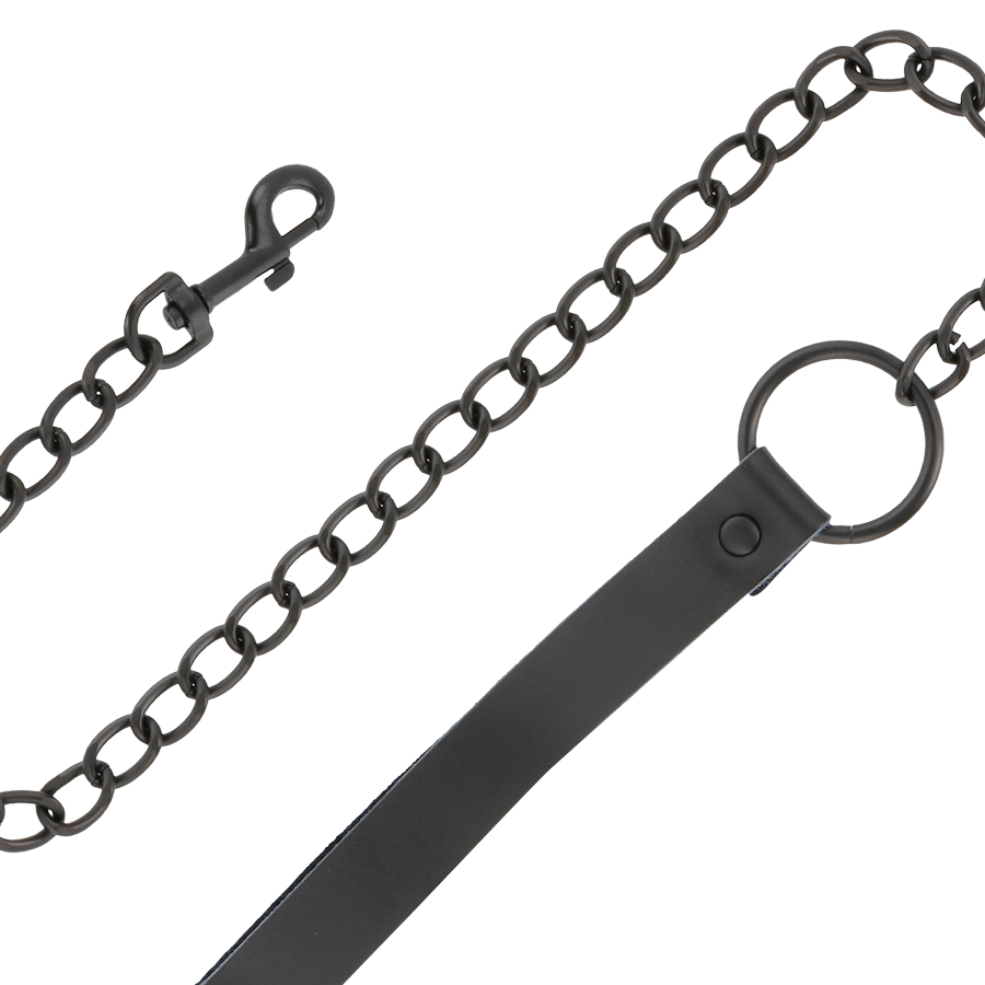 Close-up of the Darkness Colar BDSM Preto com Corrente e Guia de Postura, showing its features and material.