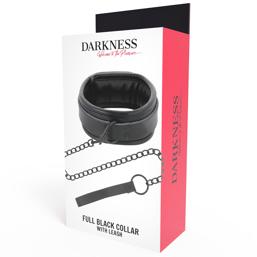 Close-up of the Darkness Colar BDSM Preto com Corrente e Guia de Postura, showing its features and material.