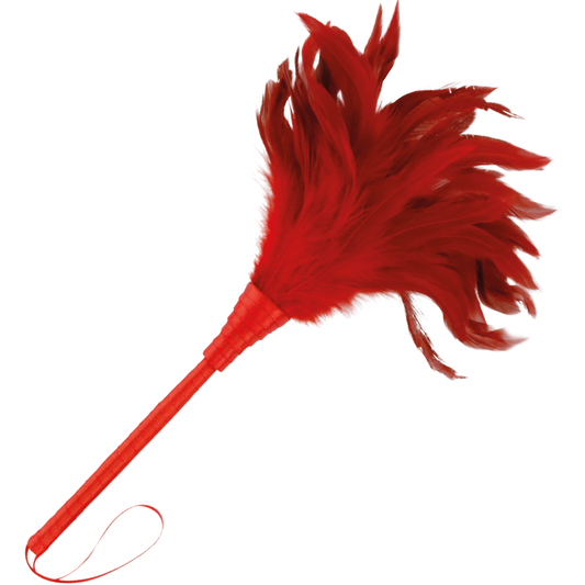 Close-up of the Darkness Estimulador de Penas Vermelho 24cm, highlighting its soft feathers and ergonomic handle.