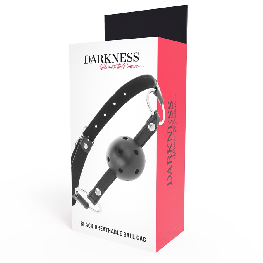 Mordaça respirável preta Darkness em couro para jogos BDSM.