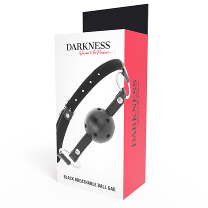 Mordaça respirável preta Darkness em couro para jogos BDSM.
